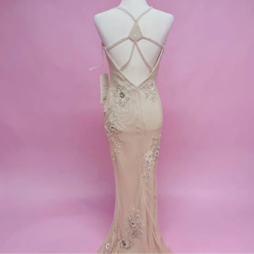 Lo Adoro Elegant Champagne/Sand Colored Embroidered Spaghetti-Strap Gown - Picture 4 of 10